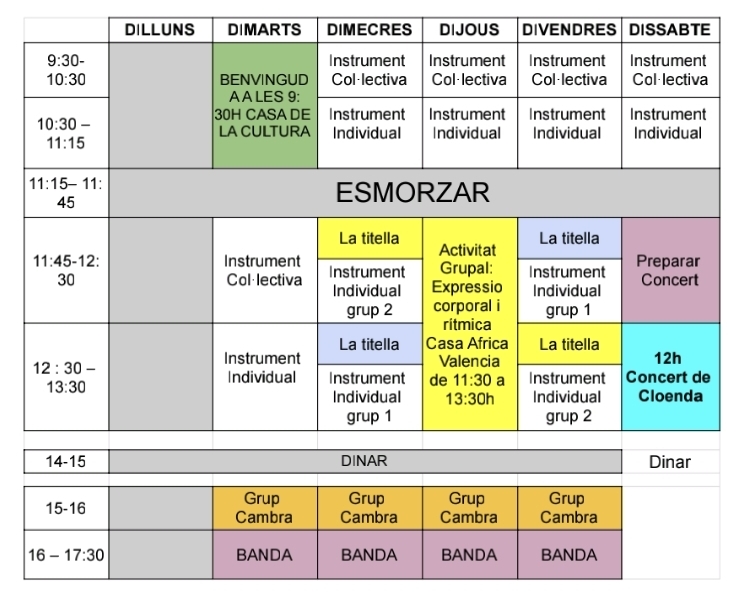 Horaris Seminari de Perfeccionament Musical 2026